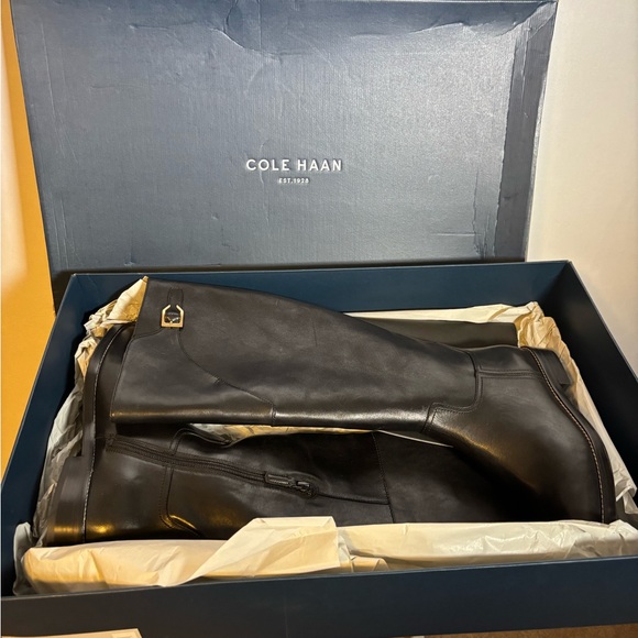 Cole Haan Black Leather Tall Boots with Buckle - Picture 2 of 6